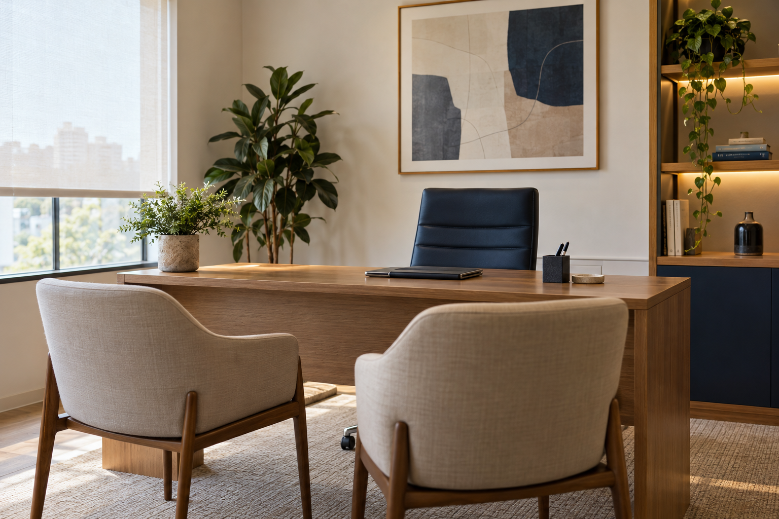 Ambiente ilustrativo de consultório com mesa de madeira, cadeiras e uma ampla janela.